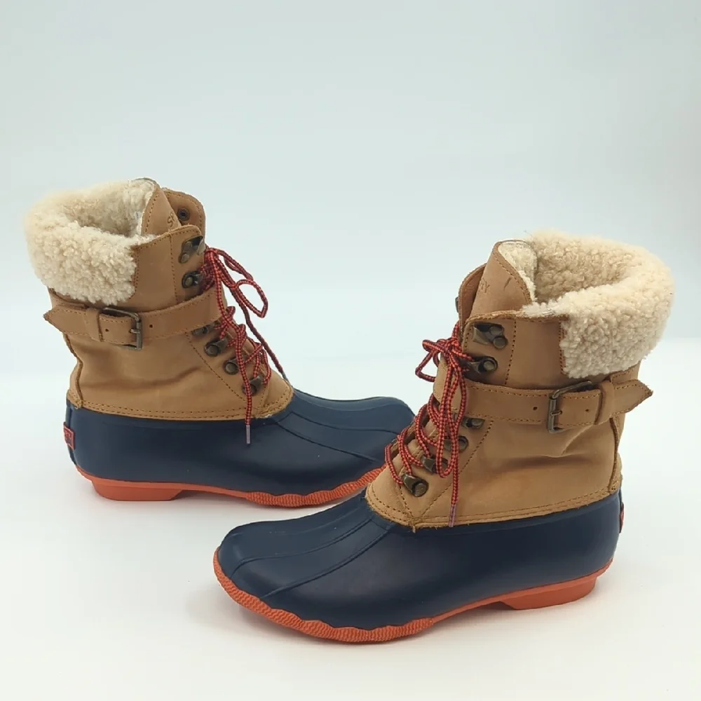 SPERRY Shearwater Winter Waterproof Wool Leather Duck Boots Sz 7.5 Tan/Navy